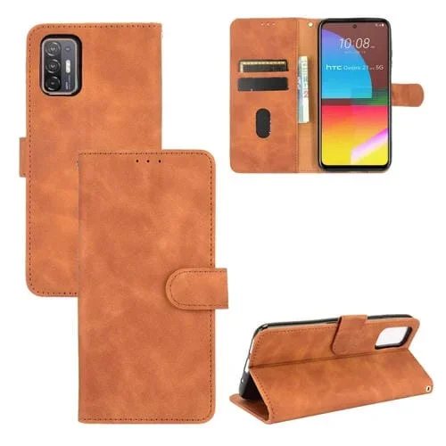 Funda de Cuero PU para HTC Desire 21 Pro 5G con Hebilla Magnética, Soporte y Billetera (Marrón)