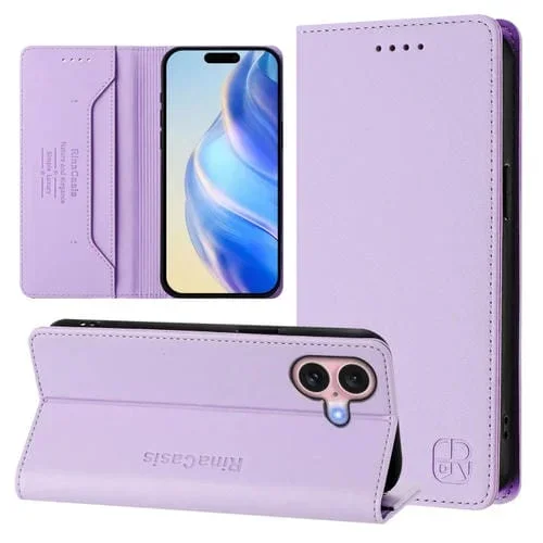 Funda de Cuero Rc01 para iPhone 16 Plus con Doble Pliegue y Succión Magnética (Morado Claro)