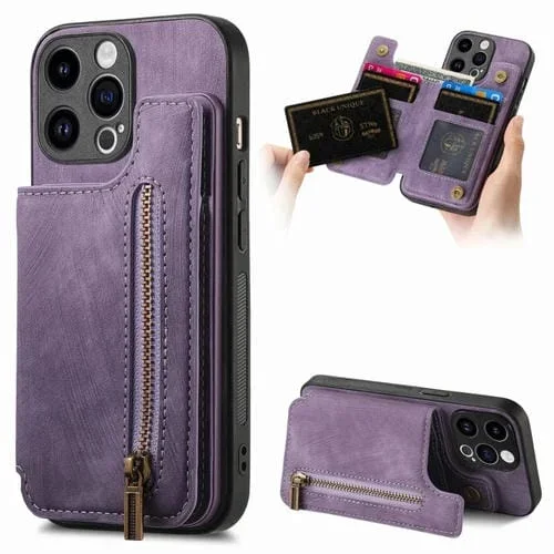 Funda de Cuero Retro para iPhone 14 Pro Max con Cremallera y Billetera (Púrpura)
