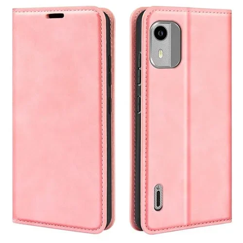 Funda de Cuero Retro-Skin para Nokia C12 con Succión Magnética (Rosa)
