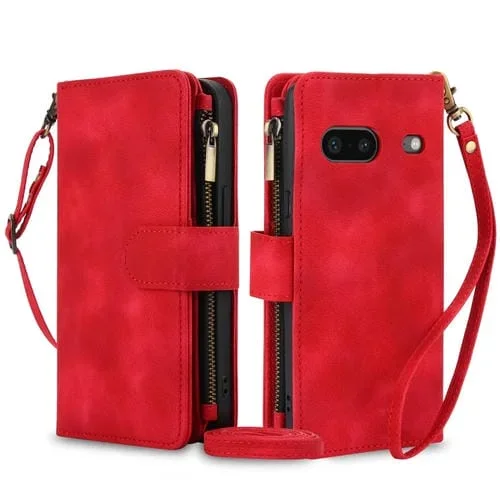 Funda de Cuero Rfid con Cremallera para Google Pixel 7 Dream con 9 Tarjetas y Cordón (Rojo)