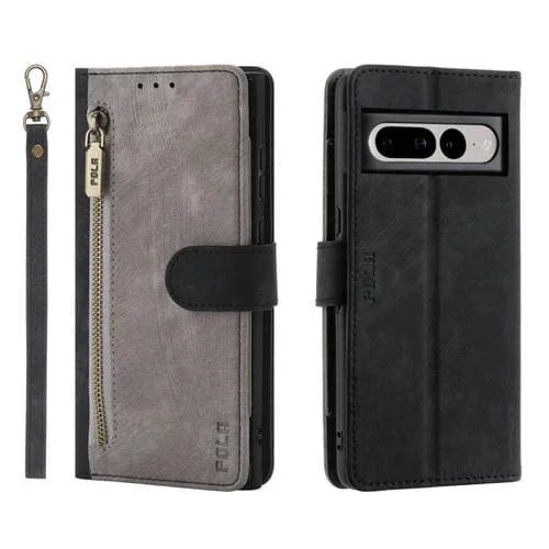 Funda de Cuero Rfid con Cremallera para Google Pixel 7 Pro Pola (Gris y Negro)