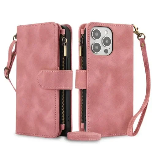 Funda de Cuero Rfid con Cremallera para iPhone 16 Pro Dream con 9 Tarjetas y Cordón (Oro Rosa)