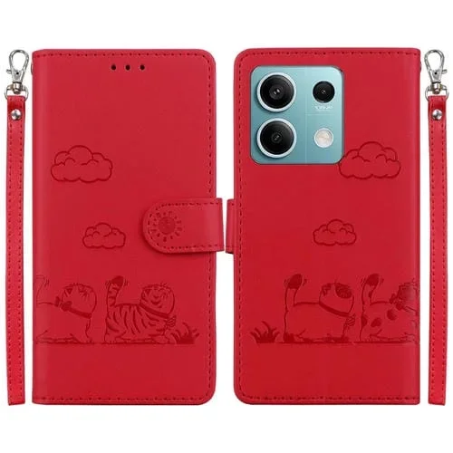 Funda de Cuero Rfid con Diseño de Gatos para Redmi Note 13 5G (Roja)