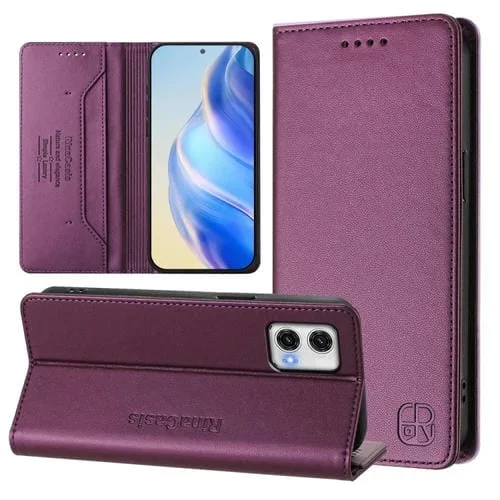 Funda de Cuero Rfid con Doble Pliegue y Succión Magnética para Motorola Moto G73 Rc01 (Violeta)