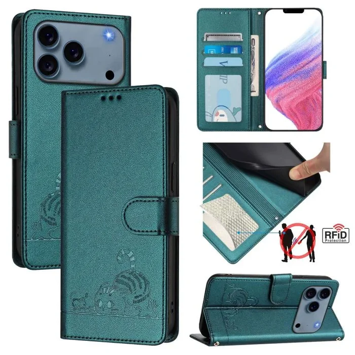Funda de cuero RFID con estampado de gato y rata en relieve para iPhone 17 Pro con cordón (verde pavo real)