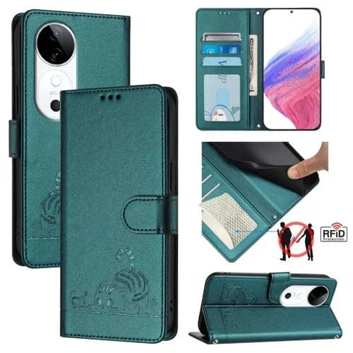 Funda de Cuero Rfid con Estampado de Rata y Gato En Relieve para Vivo S19 con Cordón (Verde Pavo Real)