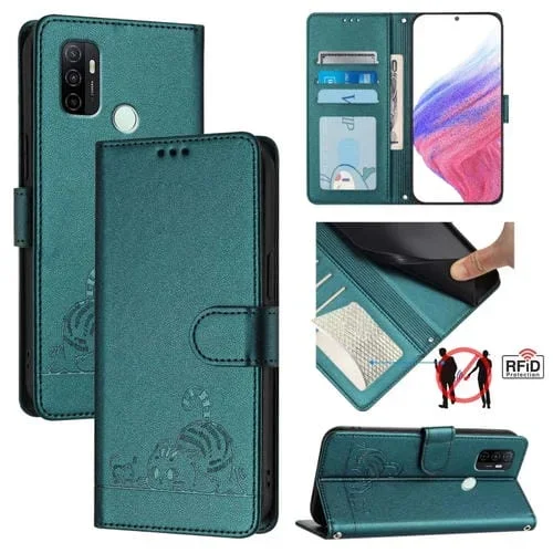 Funda de Cuero Rfid con Estampado de Rata y Gato para Oppo A11S 4G con Cordón (Verde Pavo Real)