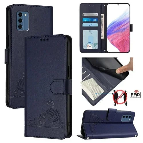 Funda de Cuero Rfid con Relieve de Gato y Rata para Nokia C300 con Cordón (Azul)