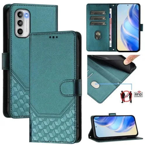 Funda de Cuero RFID con Relieve de Panal para Motorola Moto G 5G 2022 (Verde Pavo Real)