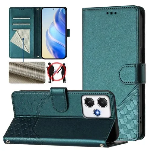 Funda de Cuero Rfid con Relieve de Panal para Redmi 12 5G / 4G Global / Note 12R (Verde Pavo Real)