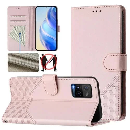 Funda de Cuero Rfid con Relieve de Panal para Vivo Y33S 4G / Y21 2021 / Y21S / Y21T (Rosa)
