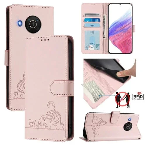 Funda de Cuero Rfid con Relieve de Rata y Gato para Nokia X20/X10 con Cordón (Rosa)