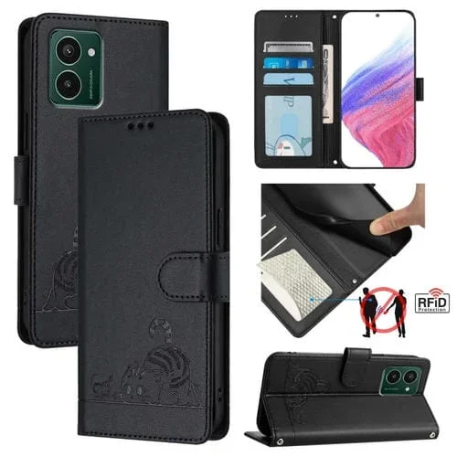 Funda de Cuero Rfid con Relieve de Rata y Gato para Teléfono Hmd Pulse Pro con Cordón (Negro)