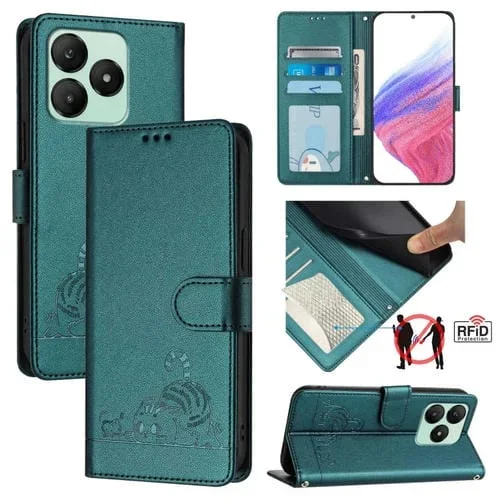 Funda de Cuero Rfid con Relieve de Rata y Gato para Teléfono Wiko T20 con Cordón (Verde Pavo Real)