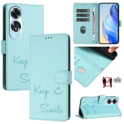 Funda de Cuero Rfid con Relieve de Sonrisa Global para Oppo A60 4G (Verde Menta)