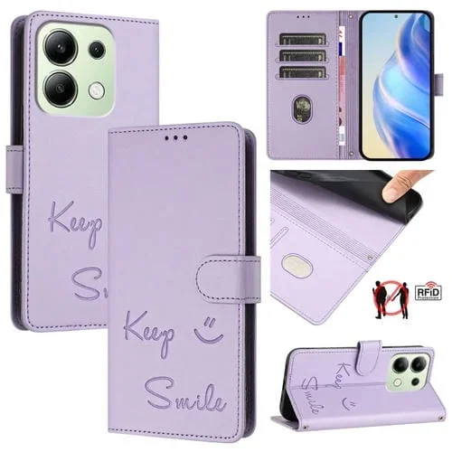 Funda de Cuero Rfid con Relieve de Sonrisa Global para Redmi Note 13 4G (Morado Claro)