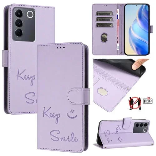 Funda de Cuero Rfid con Relieve de Sonrisa Global para Vivo T2 4G (Morado Claro)