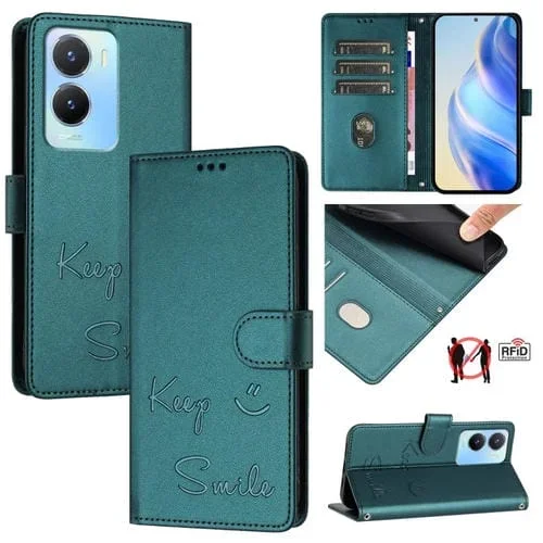 Funda de Cuero Rfid con Relieve de Sonrisa Global para Vivo Y02S 4G (Verde Pavo Real)
