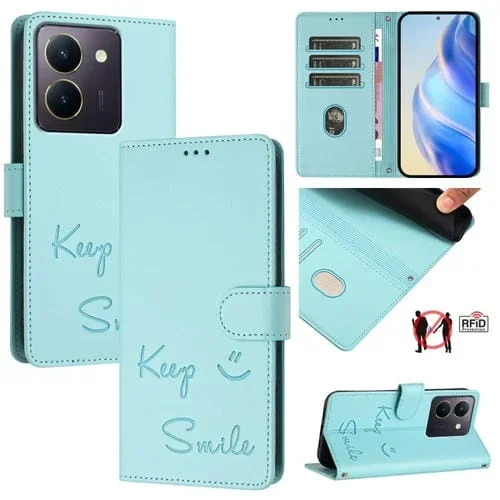 Funda de Cuero Rfid con Relieve de Sonrisa Global para Vivo Y27S 4G (Verde Menta)