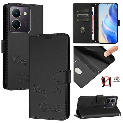 Funda de Cuero Rfid con Relieve de Sonrisa India para Vivo Y36 4G (Negra)