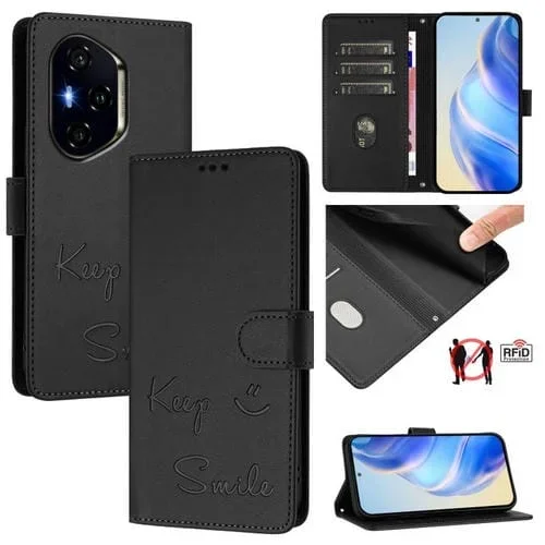 Funda de Cuero Rfid con Relieve de Sonrisa para Honor 300 Pro 5G y 300 Ultra 5G (Negra)