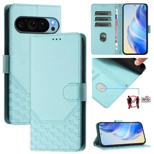 Funda de Cuero Rfid con Relieve en Panal para Google Pixel 9 y 9 Pro (Verde Menta)