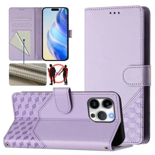 Funda de Cuero Rfid con Relieve en Panal para iPhone 16 Pro Max (Morado Claro)