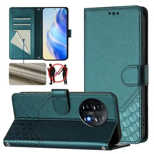 Funda de Cuero RFID con Relieve en Panal para OnePlus 11 (Verde Pavo Real)