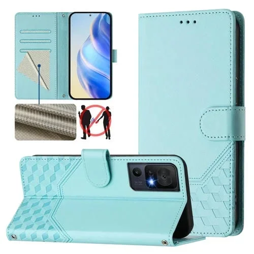 Funda de Cuero Rfid con Relieve en Panal para TCL 40 Se (Verde Menta)