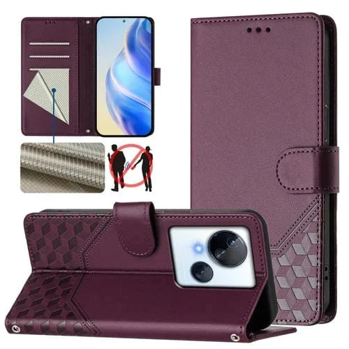 Funda de Cuero Rfid con Relieve en Panal para Tecno Spark 10 5G (Violeta)