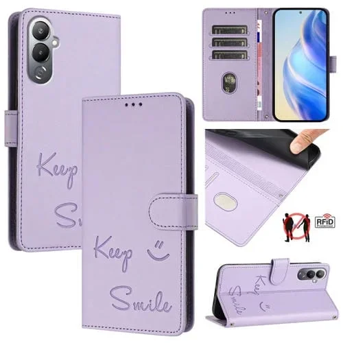 Funda de Cuero Rfid con Relieve Smile para Tecno Pova 4 Pro (Morado Claro)
