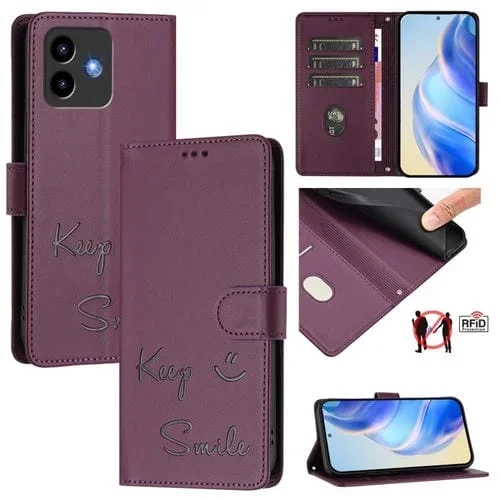 Funda de Cuero Rfid con Relieve Sonriente para Cubot Note 40 (Violeta)