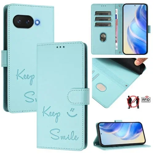 Funda de Cuero Rfid con Relieve Sonriente para Google Pixel 9A (Verde Menta)