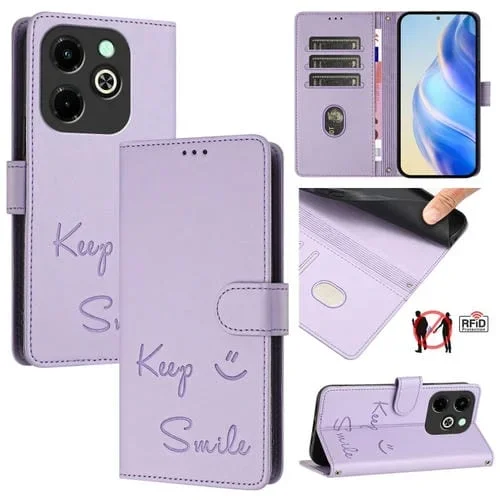 Funda de Cuero Rfid con Relieve Sonriente para Infinix Hot 40I (Morado Claro)