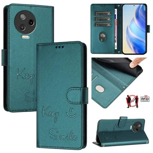 Funda de Cuero Rfid con Relieve Sonriente para Infinix Note 12 Pro 4G/Note 12 (2023) (Verde Pavo Real)