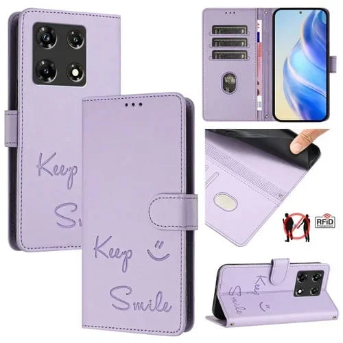 Funda de Cuero Rfid con Relieve Sonriente para Infinix Note 30 Pro y Note 30 5G (Morado Claro)
