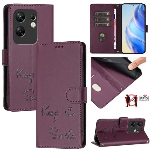 Funda de Cuero Rfid con Relieve Sonriente para Infinix Zero 30 4G (Violeta)