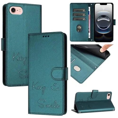 Funda de Cuero Rfid con Relieve Sonriente para iPhone 16E (Verde Pavo Real)