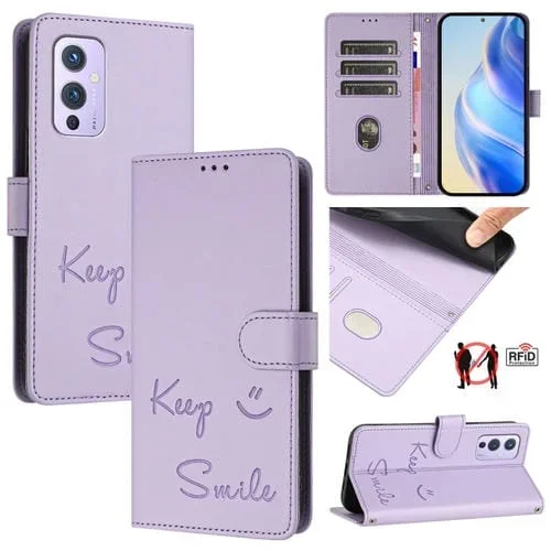Funda de Cuero Rfid con Relieve Sonriente para OnePlus 9 (Morado Claro)