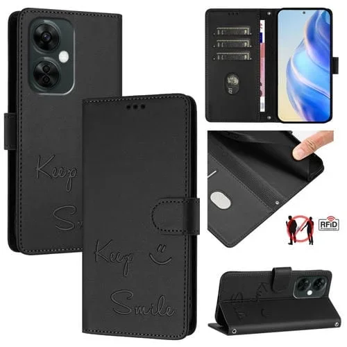 Funda de Cuero Rfid con Relieve Sonriente para OnePlus Nord Ce 3 Lite/Nord N30 (Negra)