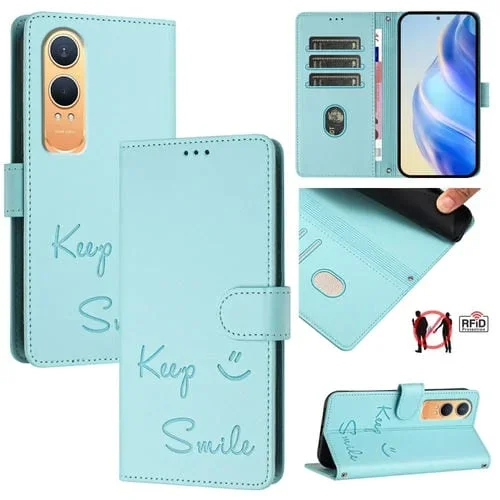 Funda de Cuero Rfid con Relieve Sonriente para OnePlus Nord Ce4 Lite (Verde Menta)
