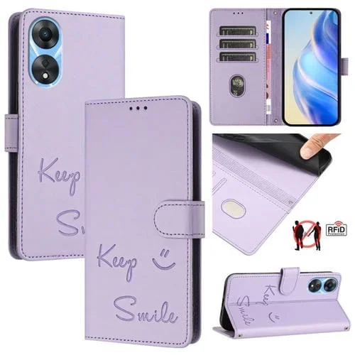 Funda de Cuero Rfid con Relieve Sonriente para Oppo A78 5G Global/A1X 5G (Morado Claro)