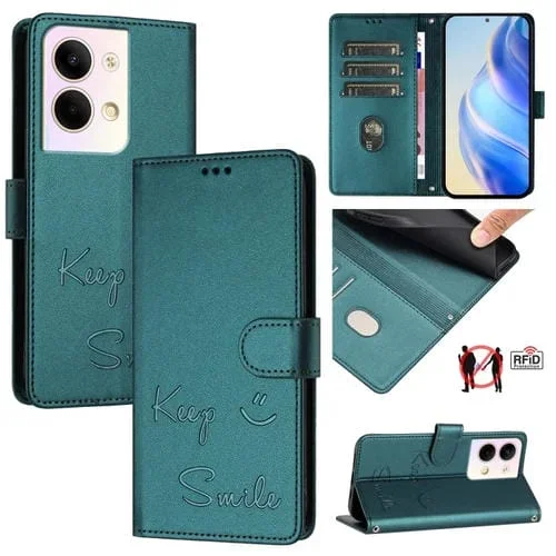 Funda de Cuero Rfid con Relieve Sonriente para Oppo Reno 9 5G/Reno 9 Pro 5G (Verde Pavo Real)