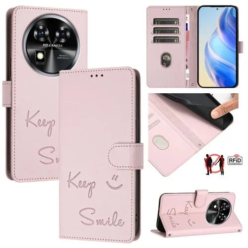 Funda de Cuero Rfid con Relieve Sonriente para Oukitel C37 (Rosa)