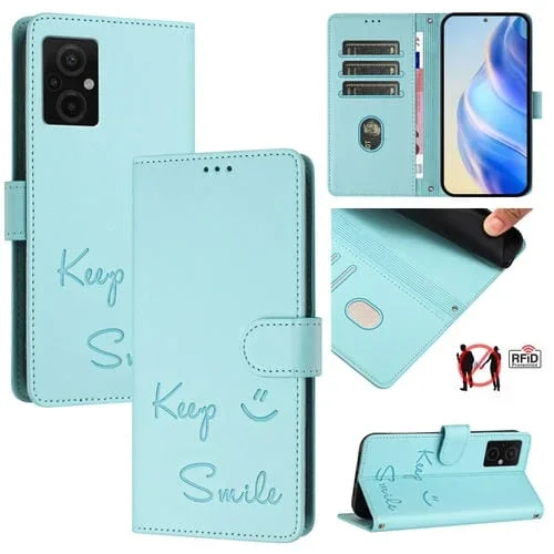Funda de Cuero Rfid con Relieve Sonriente para Redmi 11 Prime 5G/Redmi 10 5G (Verde Menta)