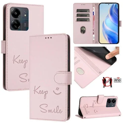 Funda de Cuero Rfid con Relieve Sonriente para Redmi 13C 4G (Rosa)