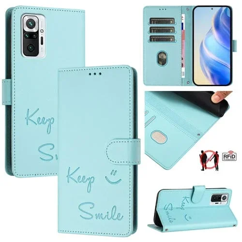 Funda de Cuero Rfid con Relieve Sonriente para Redmi Note 10 Pro/Note 10 Pro Max (Verde Menta)