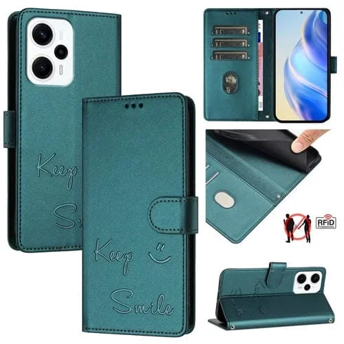 Funda de Cuero Rfid con Relieve Sonriente para Redmi Note 11T Pro+/12T Pro (Verde Pavo Real)