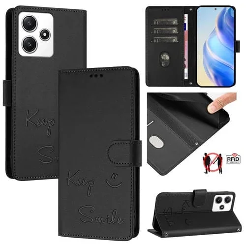 Funda de Cuero Rfid con Relieve Sonriente para Redmi Note 12R (Negra)